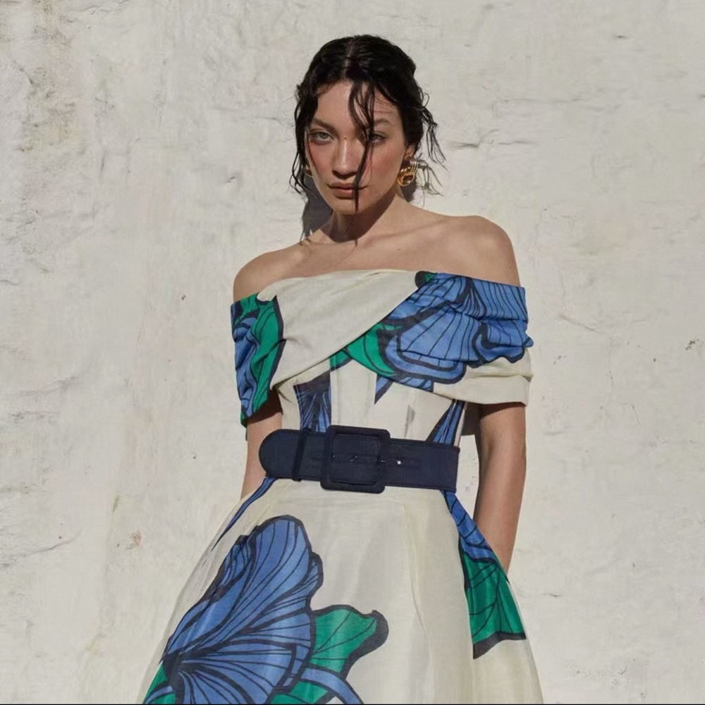 Rebecca balance Off-Shoulder Floral Print Dress in Cream, Blue & Green